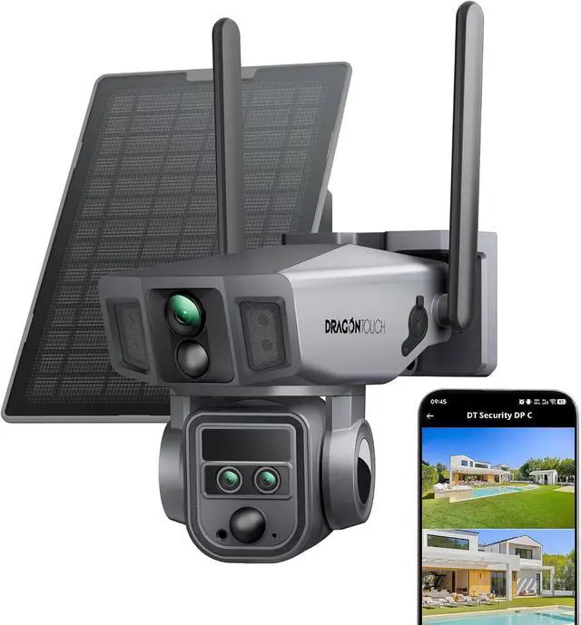 Main image of Dragon Touch 4G Cellular Security Camera, 4K Solar Camera Wireless Outdoor, 3 Lens Bullet-PTZ Cam, 360° View, 10X Optical Zoom, AI Track, Color Night Vision, 12000/9W Battery, 64GB Card Included