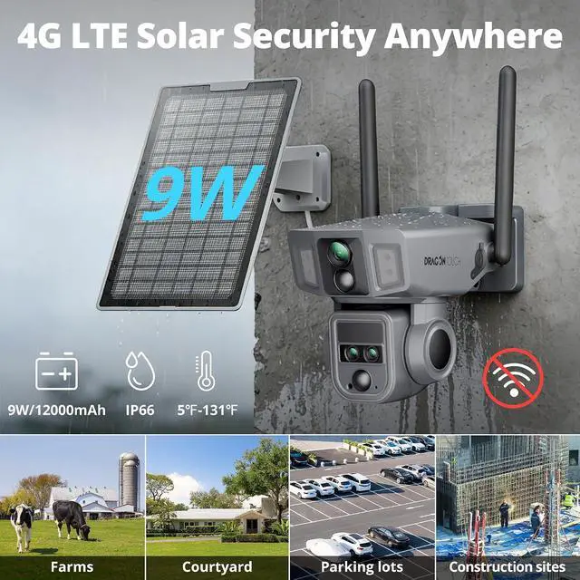 Alt view image 4 of 7 - Dragon Touch 4G Cellular Security Camera, 4K Solar Camera Wireless Outdoor, 3 Lens Bullet-PTZ Cam, 360° View, 10X Optical Zoom, AI Track, Color Night Vision, 12000/9W Battery, 64GB Card Included