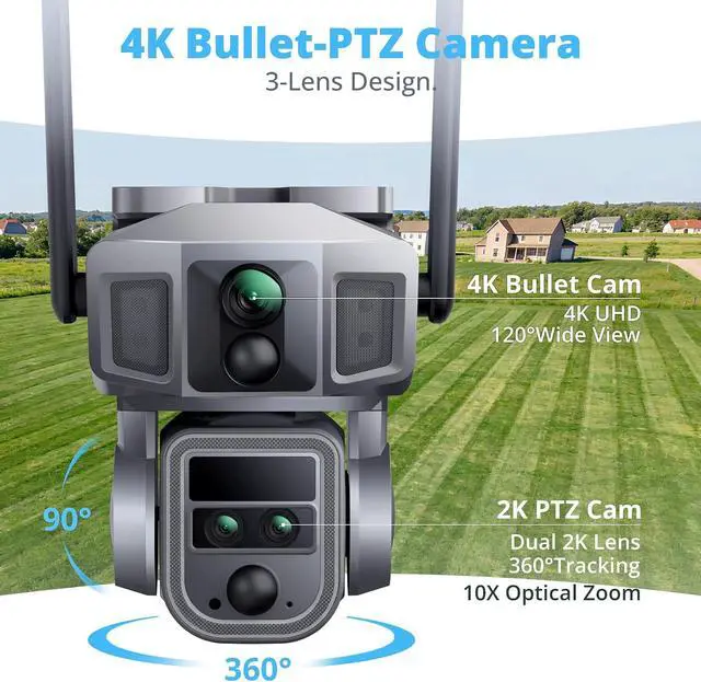 Alt view image 2 of 7 - Dragon Touch 4G Cellular Security Camera, 4K Solar Camera Wireless Outdoor, 3 Lens Bullet-PTZ Cam, 360° View, 10X Optical Zoom, AI Track, Color Night Vision, 12000/9W Battery, 64GB Card Included
