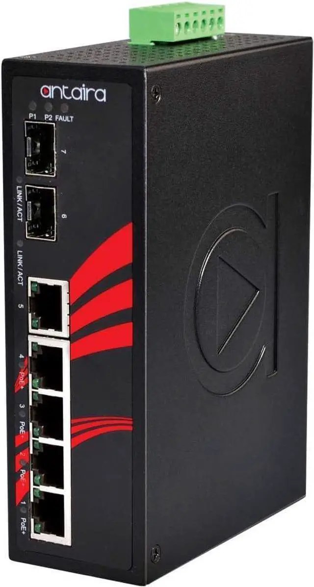 Alt view image 2 of 6 - Antaira LNP-0702G-SFP-24-T Industrial-Grade 7-Port PoE Unmanaged Gigabit Ethernet Switch, 2 SFPs, DIN-Rail Mount, -40 to 75°C Operating Temperature, Redundant 12 to 55 VDC Power Input, 5-Year Warranty