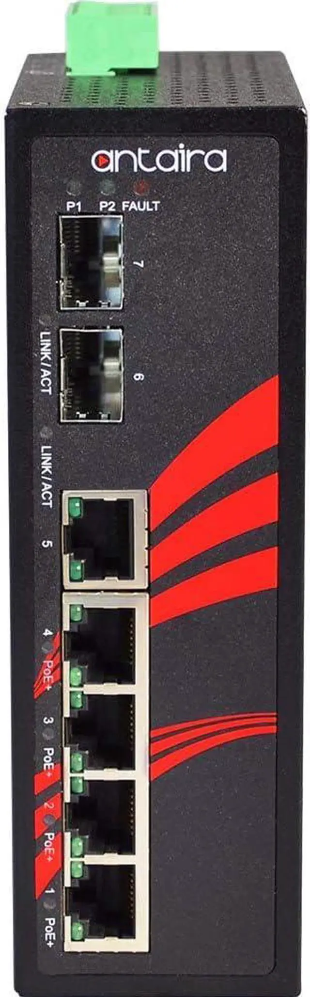 Alt view image 3 of 6 - Antaira LNP-0702G-SFP-24-T Industrial-Grade 7-Port PoE Unmanaged Gigabit Ethernet Switch, 2 SFPs, DIN-Rail Mount, -40 to 75°C Operating Temperature, Redundant 12 to 55 VDC Power Input, 5-Year Warranty