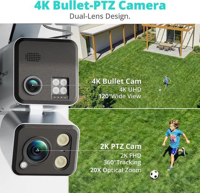 Alt view image 2 of 7 - Dragon Touch 4G LTE Cellular Security Camera - 4K Wireless Solar Security AOV Camera Outdoor Dual Lens Bullet-PTZ Cam, 4G and WiFi, 20X Zoom, 360° View, AI Tracking, with SIM Card and 64GB SD Card N1