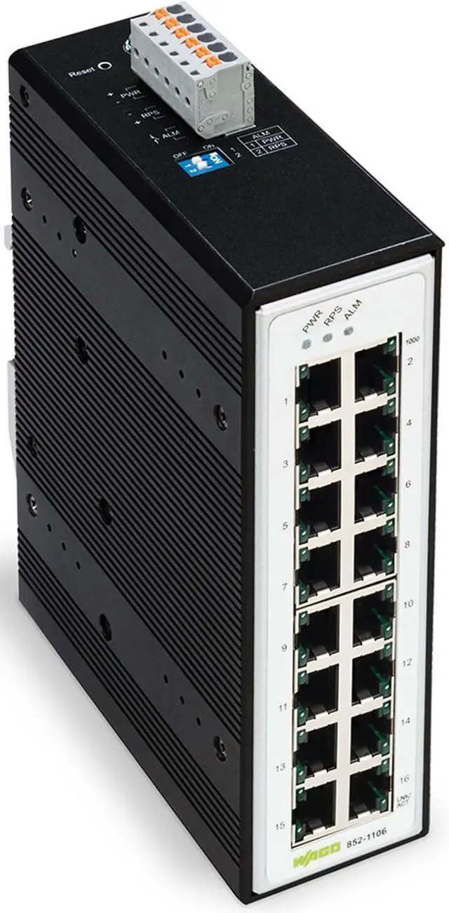 Main image of WAGO Industrial Switch 852-1106, with 16 10/100/1000 Mbit/s ETHERNET Ports Autonegotiation and Front-Panel Diagnostic LEDs, Supports up to 8000 Absolute MAC Addresses
