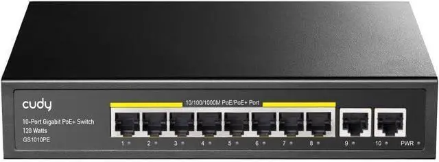 Main image of Cudy 8 Port Gigabit PoE Switch, 120 Watts PoE Budget, 8 10/100/1000Mbps PoE+ Ports, 2 Gigabit Uplink Ports , 802.3at, 802.3af, 1/2 (+), 3/6 (-), Fanless, Plug and Play, GS1010PE