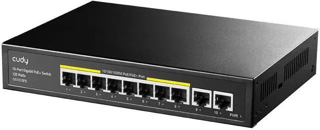 Alt view image 2 of 3 - Cudy 8 Port Gigabit PoE Switch, 120 Watts PoE Budget, 8 10/100/1000Mbps PoE+ Ports, 2 Gigabit Uplink Ports , 802.3at, 802.3af, 1/2 (+), 3/6 (-), Fanless, Plug and Play, GS1010PE