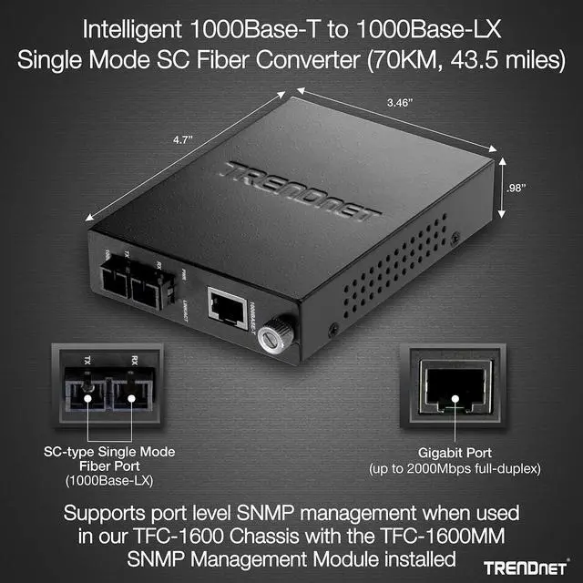 Alt view image 2 of 4 - TRENDnet Intelligent Fiber Media Converter 1000Base-T to 1000Base-FX Single Mode SC Fiber Converter (70 Km / 43.5 miles)Fiber Port, RJ-45, Fiber to Ethernet Converter,Lifetime Protection, TFC-1000S70