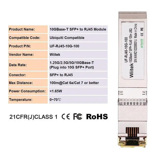 Alt view image 3 of 6 - 100 Meters, 10Gb SFP+ to RJ45 Modules, 1G/2.5G/5G/10GBase-T Ethernet Copper to SFP+ Transceiver for Ubiquiti UF-RJ45-10G, Plugin 10Gb SFP+ Port, Very Low Power Consumption