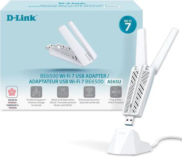 Main image of D-Link BE6500 Tri-Band Wi-Fi 7 Wireless USB 3.0 Adapter for Desktop or Laptop PC (AE65U) 2 x High Gain Antennas, 6GHz, 4K-QAM, 160MHz, WPA3 Enhanced Security, Detachable Cradle, Windows 11,10
