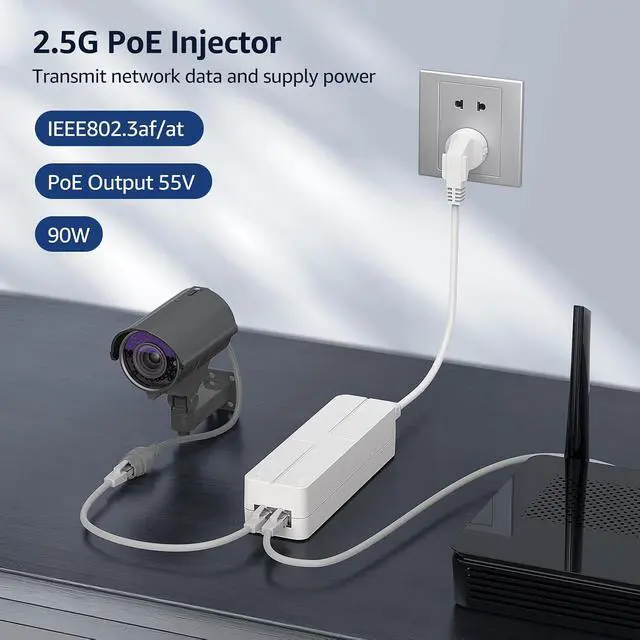 Alt view image 2 of 7 - YuanLey 2.5G PoE Injector 90W, PoE+ Injector Converts Non-PoE to PoE+, 55V IEEE 802.3at/af/bt, 10/100/1000/2500Mbps Ethernet PoE Adapter Plug & Play, Power Over Ethernet Up to 325 Feet