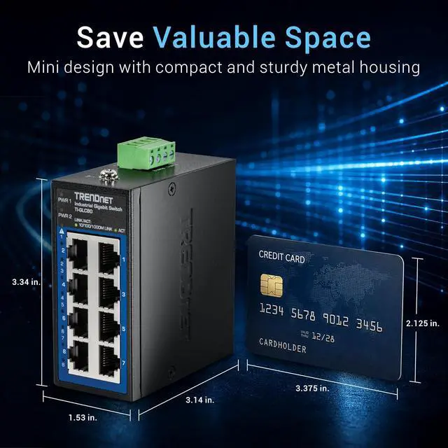 Alt view image 2 of 7 - TRENDnet 8-Port Industrial Gigabit DIN-Rail Mini Switch, TIGLC80, 8 x Gigabit Ports, Extreme Temperature IP50 Rated, 16Gbps Switch Capacity, Black