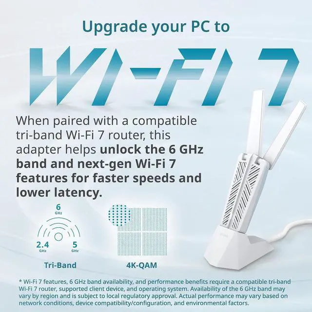 Alt view image 2 of 7 - D-Link BE6500 Tri-Band Wi-Fi 7 Wireless USB 3.0 Adapter for Desktop or Laptop PC (AE65U) 2 x High Gain Antennas, 6GHz, 4K-QAM, 160MHz, WPA3 Enhanced Security, Detachable Cradle, Windows 11,10