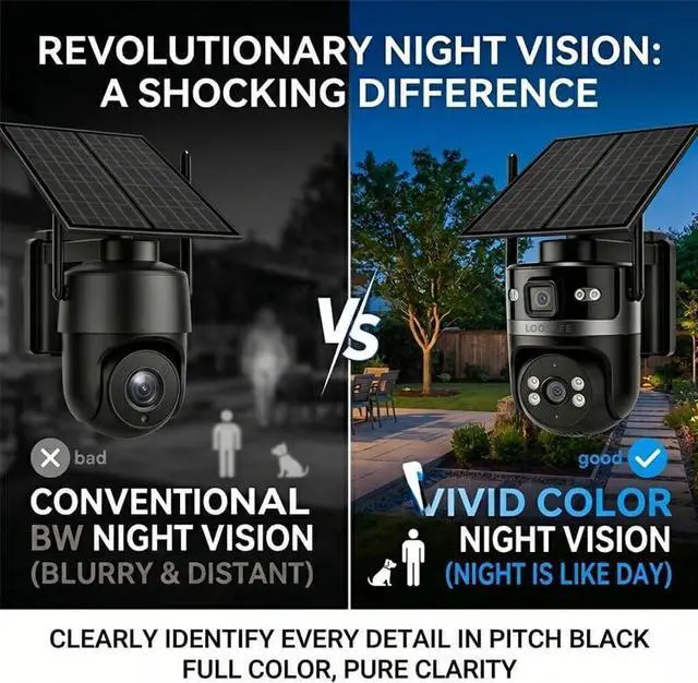 Alt view image 6 of 7 - 4G LTE Cellular Solar Security Camera, AOV True 24/7 Continuous Recording, Dual Lens 360° PTZ, No WiFi Needed, Built-in 32GB Card, 12000mAh Battery, Color Night Vision, Outdoor Farm RV