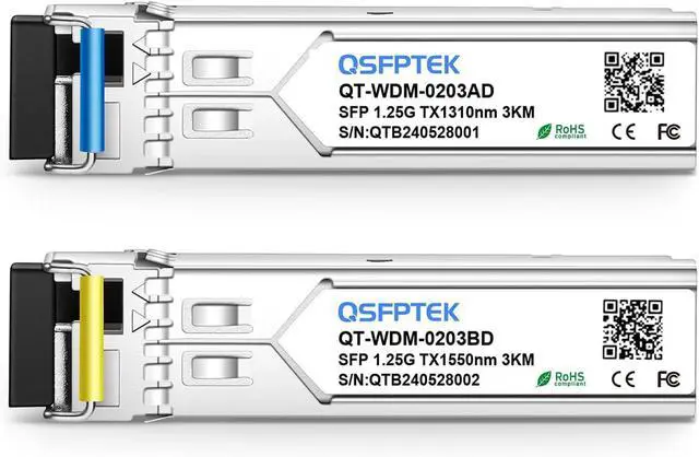 Alt view image 2 of 5 - QSFPTEK 1.25G SFP Module BIDI WDM Transceiver, 3KM Simplex LC DDM Optical Fiber transceiver Tx1310/Rx1550nm for Cisco GLC-BX-U and GLC-BX-D, Ubiquiti, Mikrotik, D-Link, Supermicro, Netgear