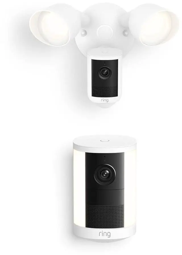 Main image of Ring Floodlight Cam, Wired (newest model), White with Spotlight Cam, Plug-In (newest model), White