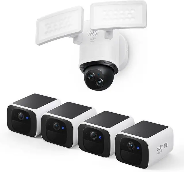 Main image of eufy Security S220 SoloCam 4-Cam Pack, Solar Charging, Wireless Outdoor Camera Floodlight Camera E340 Wired, 360° Pan and Tilt