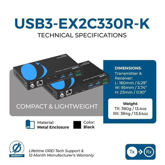 Alt view image 5 of 7 - OREI USB 3.2 Over Cat6 330ft Two-Way PoC RS-232 2X USB-C/ 2X USB-A Over LAN