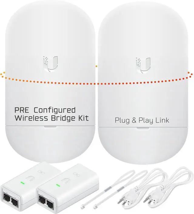 Main image of Pre-Configured Wireless Bridge LOCO 5AC Kit Plug & Play Point-to-Point Ethernet Link, Long-Range Outdoor Network Extension, Includes PoE Injectors & Cables, DHCP