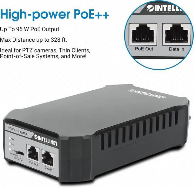 Alt view image 3 of 7 - Intellinet 10G PoE++ Injector, 95W, IEEE 802.3bt, Wall Mountable