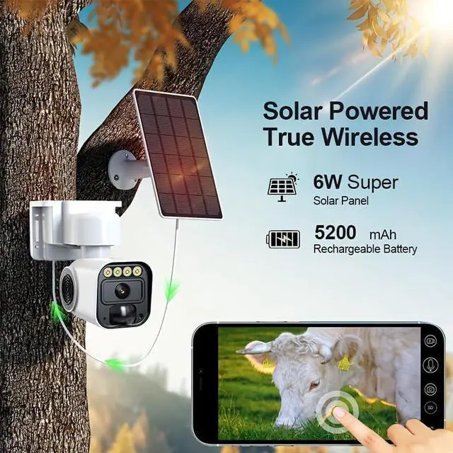 Alt view image 2 of 7 - 4MP Outdoor Solar Security Camera, Dual PTZ Panoramic Monitoring, Color Night Vision, 4G Network, PIR Infrared Motion Detection, Two-Way Audio, Cloud Storage, Built-in SIM Card