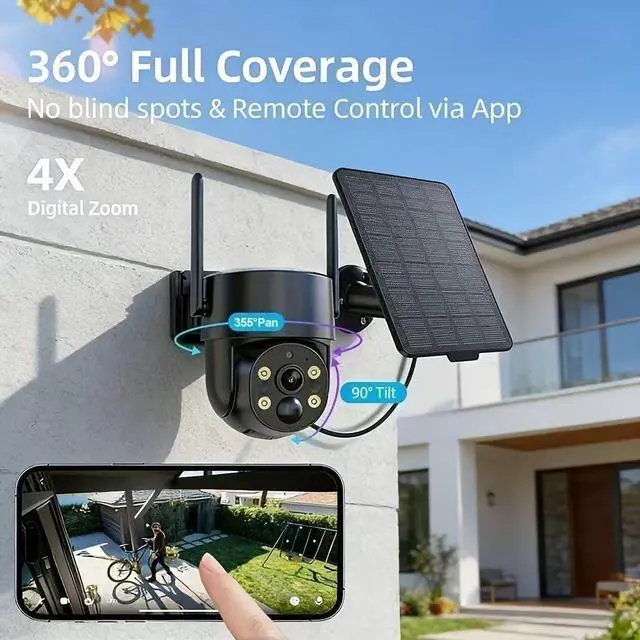 Alt view image 4 of 7 - 4G LTE Solar Security Camera Wireless Outdoor,2k 360° PTZ Panoramic with AI Human Detection Auto Tracking,Color Night Vision,Two-Way Audio,Waterproof,8500mAh Battery Built,TF/Cloud Storage