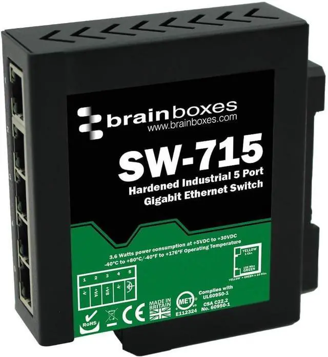 Main image of Brainboxes - SW-715 - Brainboxes Hardened Industrial 5 Port Gigabit Ethernet Switch DIN Rail Mountable - 5 Ports - TAA Compliant - 2 Layer Supported - Twisted Pair - DIN Rail Mountable - Lifetime