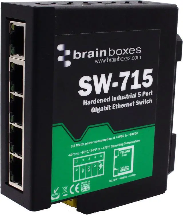 Alt view image 2 of 2 - Brainboxes - SW-715 - Brainboxes Hardened Industrial 5 Port Gigabit Ethernet Switch DIN Rail Mountable - 5 Ports - TAA Compliant - 2 Layer Supported - Twisted Pair - DIN Rail Mountable - Lifetime