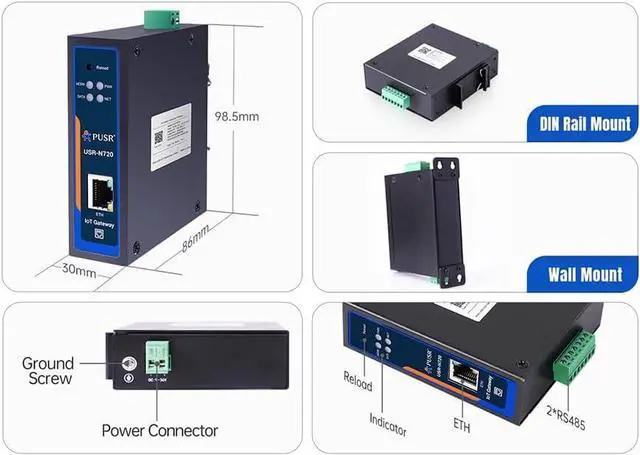 Alt view image 6 of 6 - USR-N720-ETH Edge IoT Gateway 600MHz with 2* RS485 Ports + 1* RJ45 Port Supporting Edge Computing Data Acquisiton Protocol Conversion Data Reporting Compatible with TCP MQTT Protocol