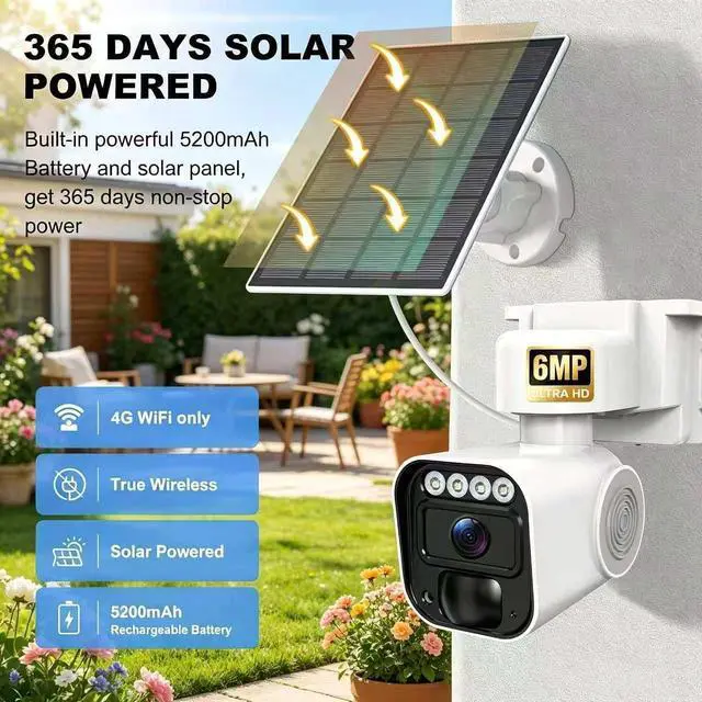 Alt view image 2 of 6 - 6MP Solar Security Camera Outdoor,AI Human Detection, 360° PTZ,Color Night Vision,4G Network,Built-in SIM Card,2-Way Audio,IP65 Waterproof,5200mAh Battery Powered,No WiFi Wireless