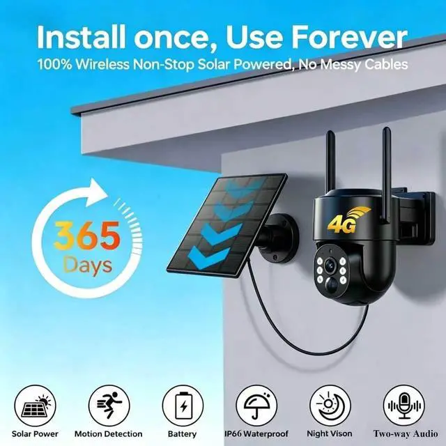 Alt view image 4 of 7 - 4G LTE Solar Security Camera Wireless Outdoor,360°PTZ Panoramic 2K Surveillance with Color Night Vision,AI Human Detection Auto Tracking,Two-Way Audio,TF Card & Cloud Storage,IP66 Waterproof