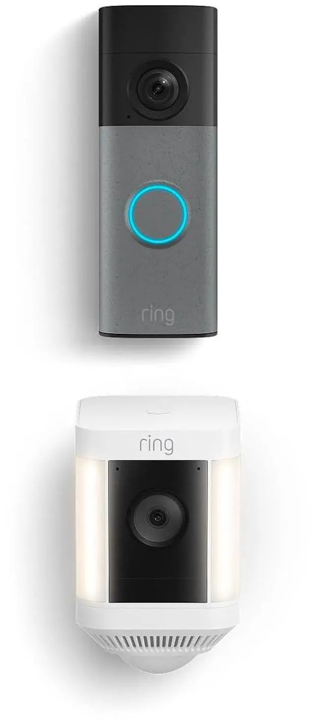 Main image of Ring Battery Doorbell (newest model), Speckled Gray with Ring Spotlight Cam Plus, Battery, White