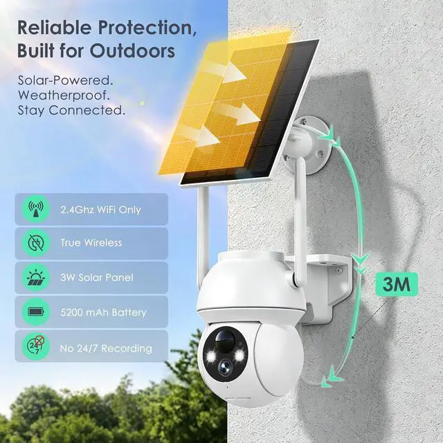 Alt view image 7 of 7 - YOTON Solar Security Cameras Wireless Outdoor, 360° PTZ, AI Human Detection, Color Night Vision, Two-Way Audio, IP66 Waterproof, Spotlight & Siren, 2.4GHz WiFi, Battery Powered