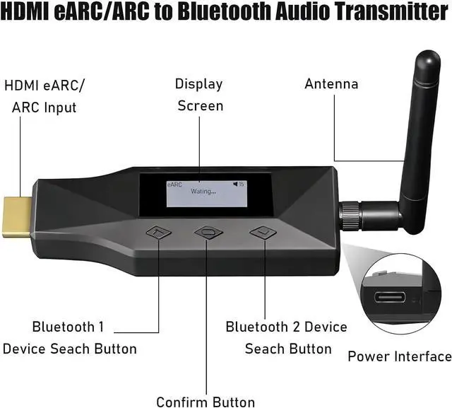 Alt view image 3 of 7 - Tendak eARC/ARC to Bluetooth Transmitter