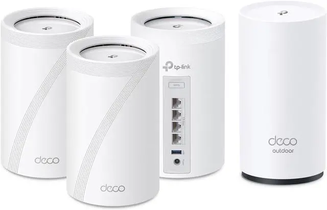 Main image of TP-Link Deco 7 Pro Mesh Bundle - 3X BE10000 Tri-Band Indoor Units + 1x BE5000 Dual-Band Outdoor Unit, Covers up to 9,800 sq. ft., 2.5G Wired Backhaul, PoE+, IP65 - BE63 (3-Pack) + BE25 Outdoor