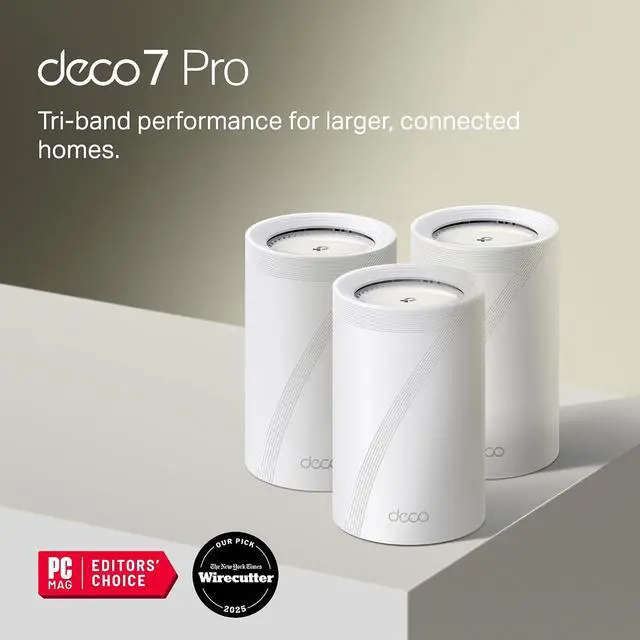 Alt view image 2 of 7 - TP-Link Deco 7 Pro BE63 Tri-Band WiFi 7 BE10000 Whole Home Mesh System - 6-Stream 10 Gbps, Covers up to 7,600 sq. ft., 4x2.5G Ports Wired Backhaul, VPN, HomeShield, Free Expert Support (3-Pack)