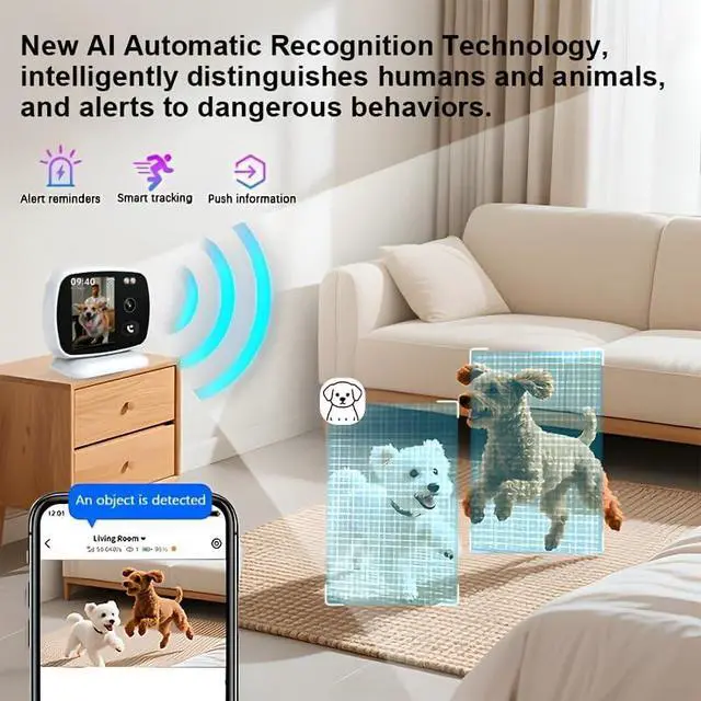 Alt view image 2 of 7 - Smart Indoor Security Camera with Screen,2.4Ghz Wifi Home Camera for Video Calling,Two-Way Audio,Night Vision,AI Motion Detection Alerts,App Remote Control,Cloud Storage,Pet And Elderly Home