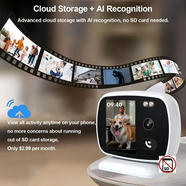 Alt view image 7 of 7 - Smart Indoor Security Camera with Screen,2.4Ghz Wifi Home Camera for Video Calling,Two-Way Audio,Night Vision,AI Motion Detection Alerts,App Remote Control,Cloud Storage,Pet And Elderly Home