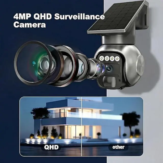 Alt view image 2 of 7 - Solar 4G LTE 4MP Security Camera Outdoor,No WiFi 360° PTZ Wireless Camera with Two-Way Talk,Night Vision,Auto Alarm,Built-in SIM Card,7-Day Free Cloud Storage,Waterproof for Ranch,Farm