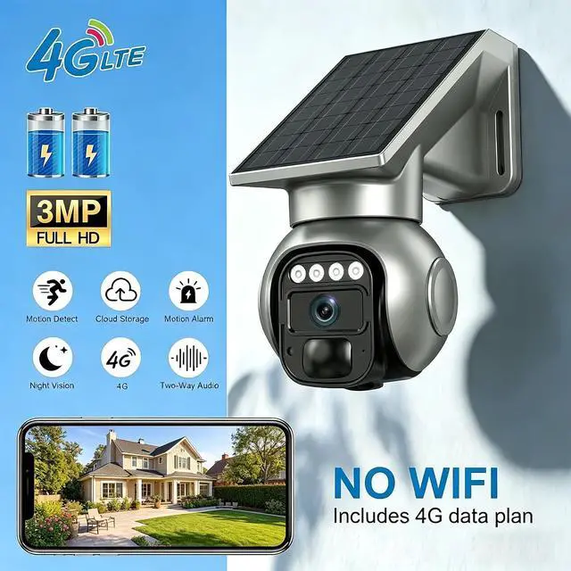 Alt view image 3 of 7 - 4G LTE Solar Security Camera,3MP Wireless Outdoor Camera No WiFi Needed,360° PTZ Auto Tracking,0.2S Motion Detection Alerts,Night Vision,Two-Way Audio,Built-in SIM Card,App Remote Access