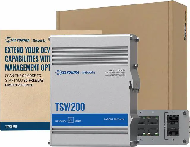 Main image of Teltonika TSW200 Industrial PoE+ Unmanaged Ethernet Switch - 8X PoE+ Ports & 240W Power Budget - 8 Port Gigabit Switch with High Speeds Up to 1000 Mbps - 2 SFP Ports for Long-Range Fiber-Optic