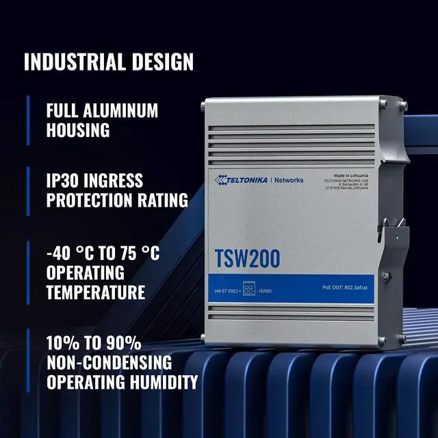 Alt view image 3 of 7 - Teltonika TSW200 Industrial PoE+ Unmanaged Ethernet Switch - 8X PoE+ Ports & 240W Power Budget - 8 Port Gigabit Switch with High Speeds Up to 1000 Mbps - 2 SFP Ports for Long-Range Fiber-Optic