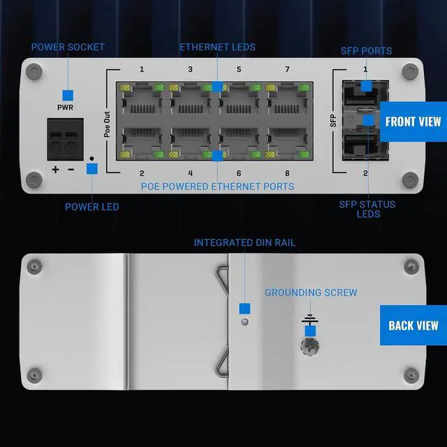 Alt view image 7 of 7 - Teltonika TSW200 Industrial PoE+ Unmanaged Ethernet Switch - 8X PoE+ Ports & 240W Power Budget - 8 Port Gigabit Switch with High Speeds Up to 1000 Mbps - 2 SFP Ports for Long-Range Fiber-Optic