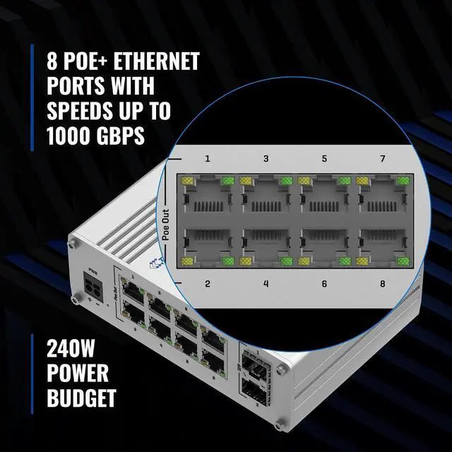 Alt view image 4 of 7 - Teltonika TSW200 Industrial PoE+ Unmanaged Ethernet Switch - 8X PoE+ Ports & 240W Power Budget - 8 Port Gigabit Switch with High Speeds Up to 1000 Mbps - 2 SFP Ports for Long-Range Fiber-Optic