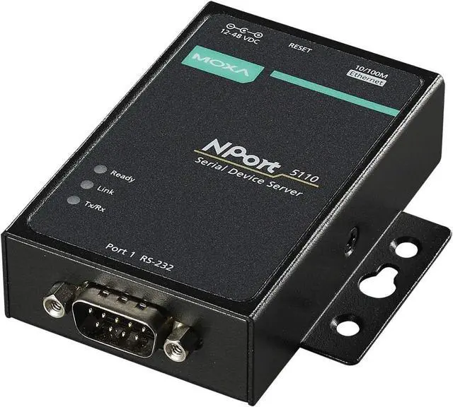 Alt view image 3 of 3 - Moxa NPort 5110A with Adapter - 1 Port Device Server, 10/100M Ethernet, RS-232, DB9 Male, 0.5KV Serial Surge, 12~48VDC, 0~60°C