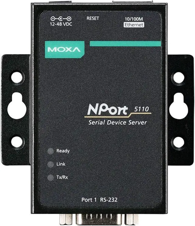 Alt view image 2 of 3 - Moxa NPort 5110A with Adapter - 1 Port Device Server, 10/100M Ethernet, RS-232, DB9 Male, 0.5KV Serial Surge, 12~48VDC, 0~60°C