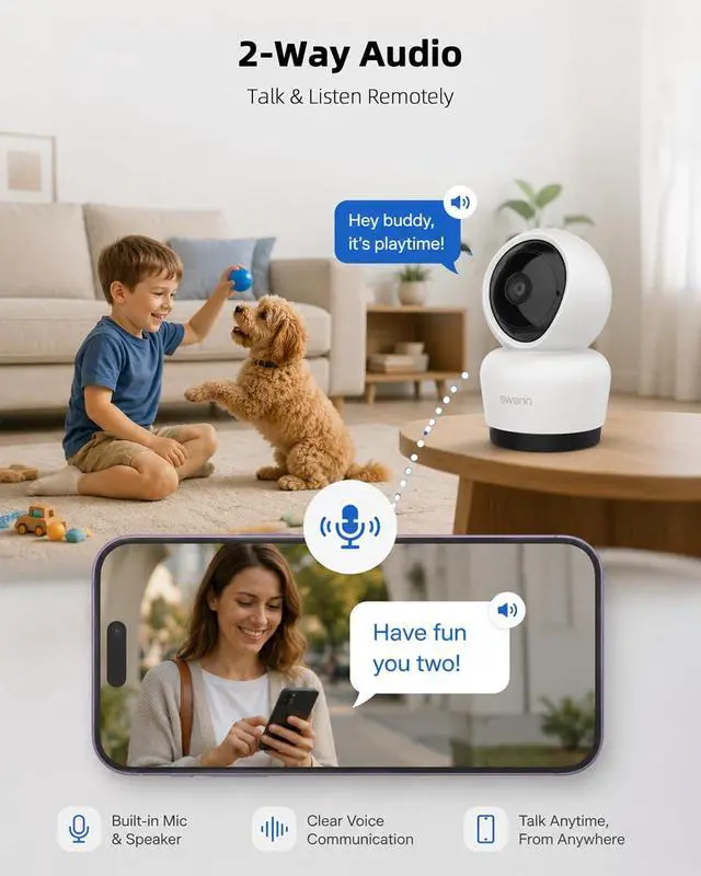 Alt view image 4 of 7 - Swann 3K Indoor Pan Tilt WiFi Security Camera, 5MP Baby Pet Home PT Camera