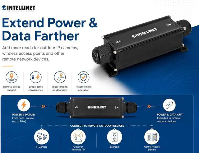 Alt view image 5 of 7 - Intellinet Outdoor Gigabit PoE++ Extender, 802.3bt, IP67, 65W