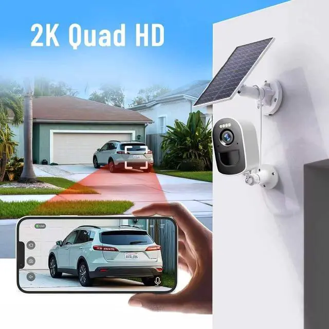 Alt view image 2 of 5 - This 1440P Wireless Outdoor Camera Features a Low-Power Solar Panel,Supports 2K QHD 2.4GHz Wi-Fi,and Includes Functions Such as Spotlight Alarm,Motion Detection,Color Night Vision, and Two