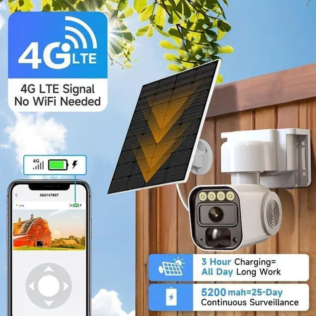 Alt view image 3 of 7 - Wireless Outdoor Security Camera with Solar Panel Base,Solar-Powered Camera,Wireless 4G LTE Cellular Network,Mobile app Control,Automatic Human Detection,SD/Cloud Storage,Color Night Vision