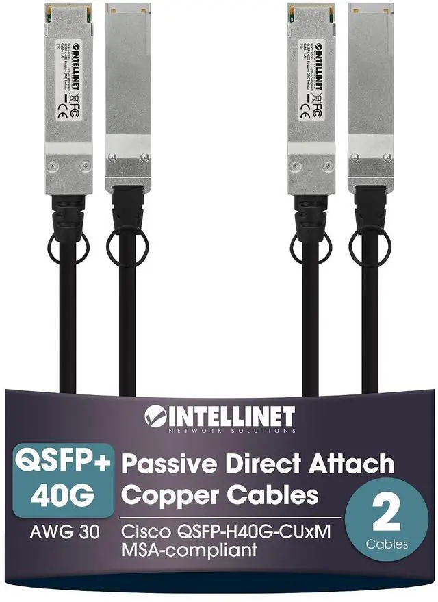 Main image of Intellinet 40G QSFP+ Passive DAC Twinax Cable - 7 ft., Low-Latency, Energy-Efficient, MSA-Compliant for Maximum Compatibility, Direct Attach Copper, AWG 30