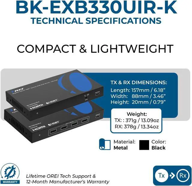 Alt view image 5 of 7 - OREI 8K HDBaseT HDMI Balun 330ft, KVM, Bi-IR, RS-232, PoC, Dolby Atmos, VRR